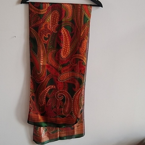 Chiffon & Satin Scarf Paisley Green Red Golds Sheer Light Lovely Classic - Picture 3 of 6